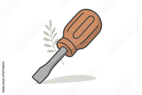 Flathead screwdriver tool with brown handle and subtle botanical accent