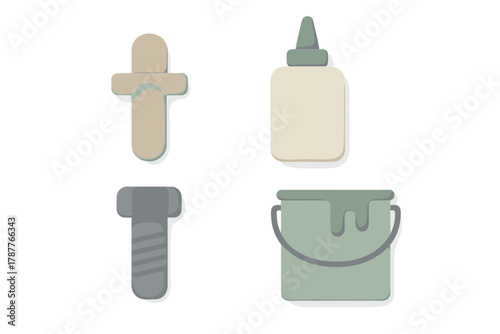 Four crafting and hardware symbols with subtle three-dimensional appearance
