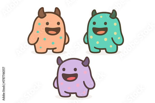 Three cute colorful horned monster characters with spots