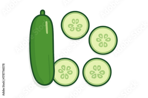 Fresh whole and sliced green cucumber vegetable isolated on white background