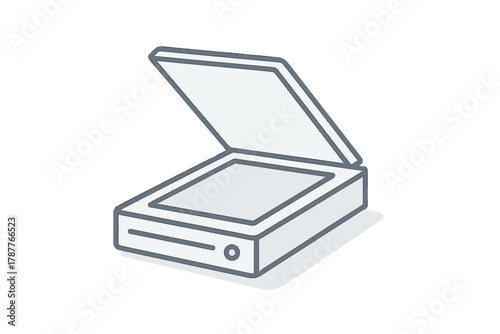 Isometric flatbed scanner device with open lid for document scanning