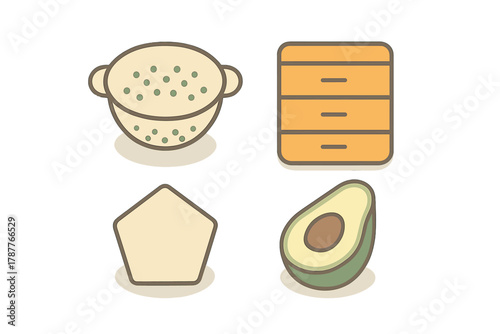Four simple home and kitchen icons featuring colander and fresh avocado