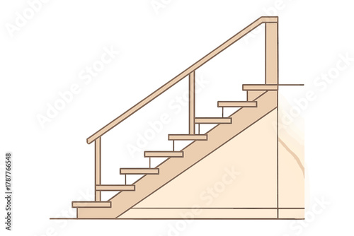 Cross section of interior wooden staircase with balusters and handrail