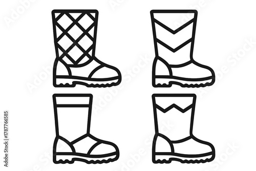 Four outline icons representing winter and rain boots for a footwear collection