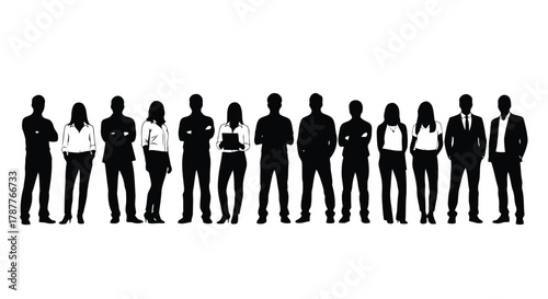 Vector art of diverse group of business people silhouettes, representing teamwork, leadership, and corporate culture in a professional setting