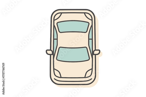 Simple top view passenger car icon with beige body and light blue details