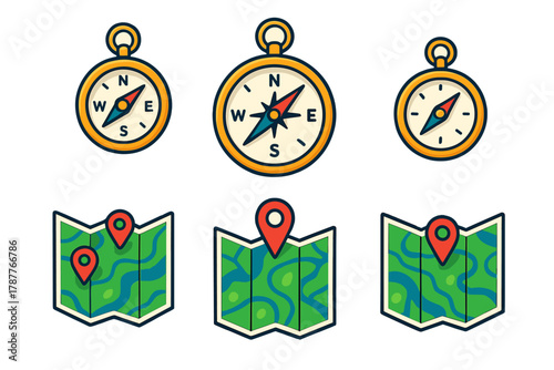 Set of navigation icons featuring compasses and location maps with pins
