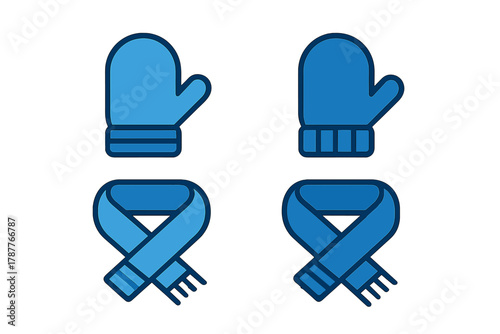 Collection of blue knit winter handwear and crossed scarf icons