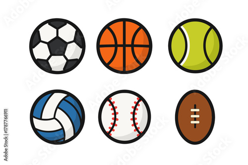 Six distinct sports balls icons for game and app interface design