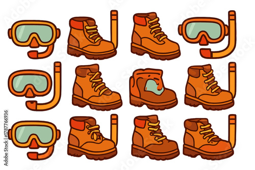 Seamless pattern of hiking boots and snorkeling masks for outdoor adventure