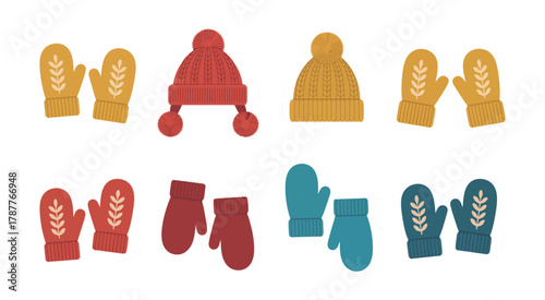 Colorful winter accessories collection featuring cozy hats and mittens in flat style, warm seasonal apparel illustration perfect for fashion