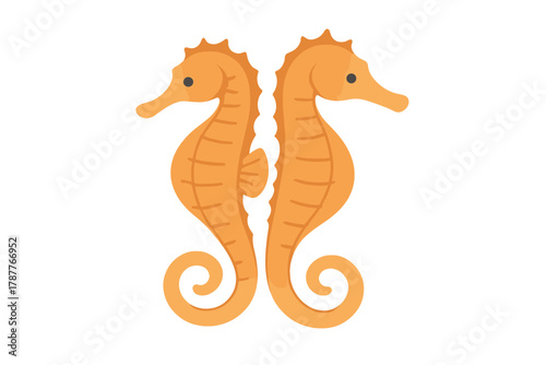 Symmetrical pair of orange seahorses facing away from each other