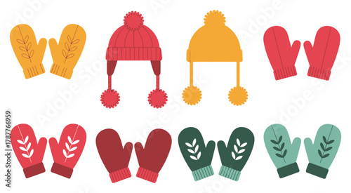 Colorful winter accessories collection featuring cozy hats and mittens in flat style, warm seasonal apparel illustration perfect for fashion