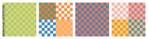 Cool simple geometric Y2K backgrounds. Colorful trendy checker board square seamless pattern collection. Set of geometric pastel square background in vintage 90s style, groovy multicoloured retro