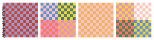 Cool simple geometric Y2K backgrounds. Colorful trendy checker board square seamless pattern collection. Set of geometric pastel square background in vintage 90s style, groovy multicoloured retro