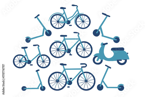 Assortment of blue bicycles kick scooters and vintage scooter symbols