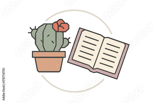 Flowering potted cactus beside an open book graphic