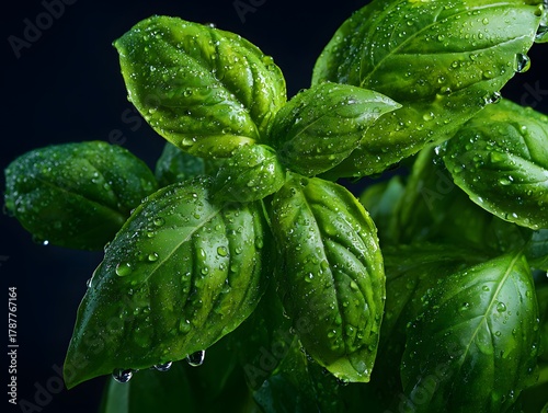 Fresh Dewy Basil Leaves Close-Up , Vibrant Green Aromatic Culinary Herb with Detailed Leaf Veins and Water Droplets, Ultra Realistic Studio Macro Food Photography