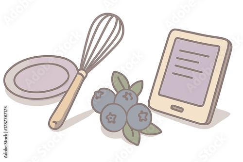 Baking ingredients and digital recipe concept with whisk and blueberries