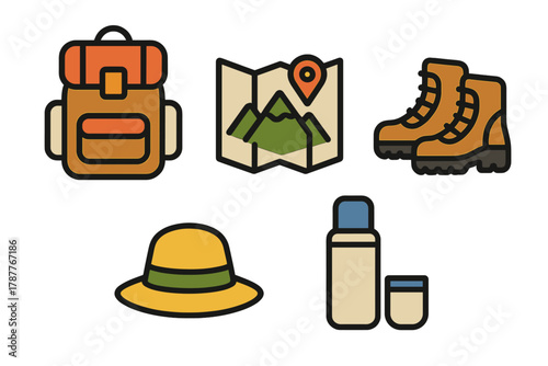 Essential outdoor adventure and hiking equipment icons for travel