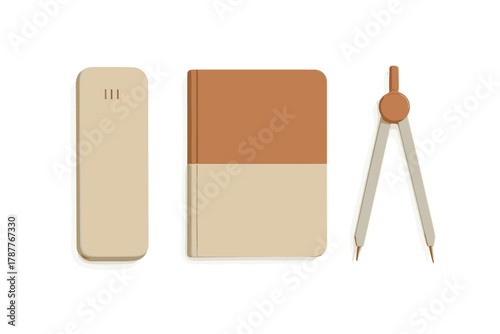 Minimalist stationery set with notebook eraser and compass on white background