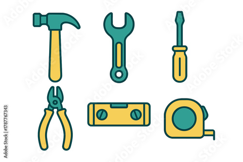 Six essential carpentry and construction hand tools icons for building and repair