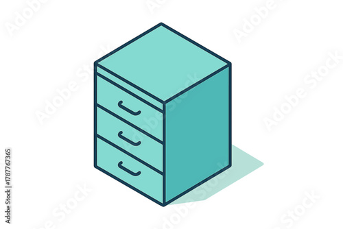 Isometric three drawer filing cabinet icon with modern teal color scheme