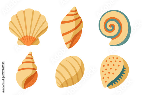 Six stylized seashells and marine mollusk shells isolated on white
