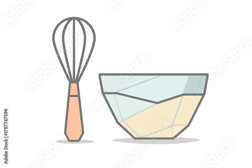 Whisk and mixing bowl with ingredients ready for baking preparation