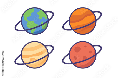 Four stylized celestial bodies with orbital rings icons