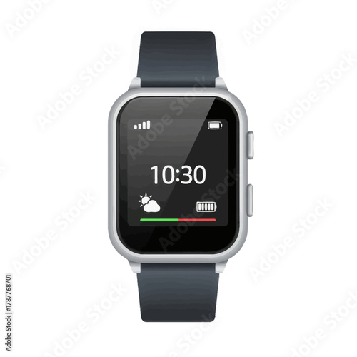 Smart watch with weather icon and battery indicator on the screen vector illustration for wearable technology and modern lifestyle isolated on white background