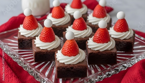 Santa hat brownies on a clear glass tray. 