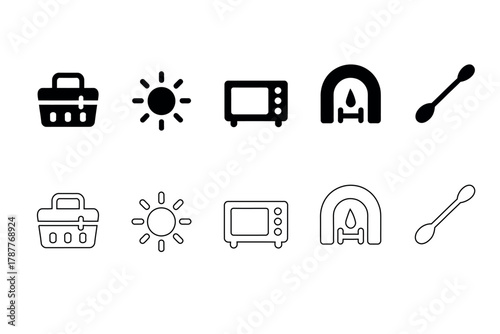A collection of ten different icons showing various objects and symbols in black and white colors on white background illustration, artwork, vector