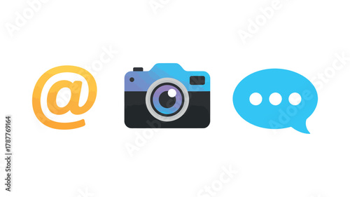 A digital illustration featuring an at symbol camera and speech bubble surface view on white background illustration, artwork, vector
