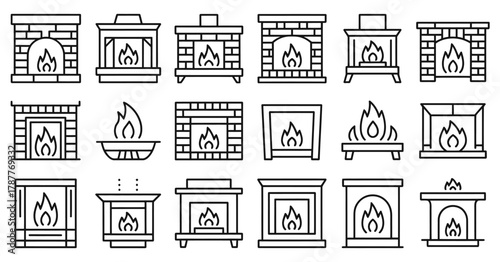Cozy fireplace icon collection for winter and home decor, charming vector illustration