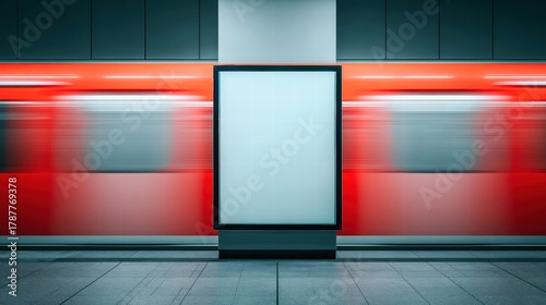 Fototapeta Naklejka Na Ścianę i Meble -  A blank billboard stands in a subway station as a red train rushes past.