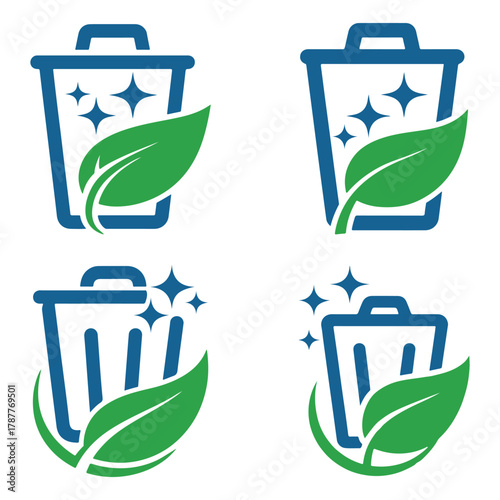 Eco Clean Trash Bin Icon Design – Green Leaf Waste Management Logo Vector