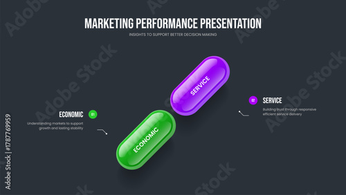 Creative Review Two Element Diagram Slideshow Layout. Market Overview Frame Design Vector Illustration. Modern Report 2 Option Infographic Slide Template.