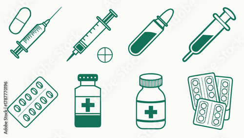 Medical Healthcare Pharmacy Drugs Treatment Icons Set with vector illustration