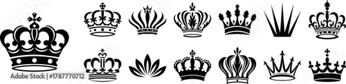 Crown icon set. Crown sign collection. Crown king or queen mega icon set. Royal crown symbol. Heraldic vector flat black silhouettes isolated on white background. Royal head accessories, hat emblem