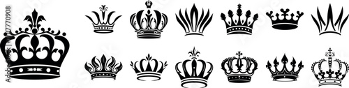 Crown icon set. Crown sign collection. Crown king or queen mega icon set. Royal crown symbol. Heraldic vector flat black silhouettes isolated on white background. Royal head accessories, hat emblem