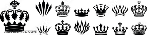 Crown icon set. Crown sign collection. Crown king or queen mega icon set. Royal crown symbol. Heraldic vector flat black silhouettes isolated on white background. Royal head accessories, hat emblem