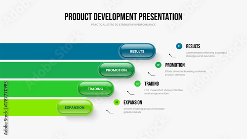 Product Solution Slideshow Design Vector Illustration. Business Innovation 4 Step Diagram Slide Template. Market Forecast Four Element Infographic Frame Layout.