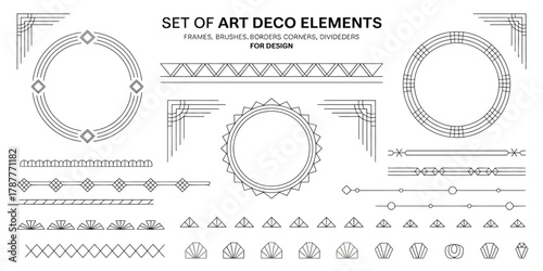 Art Deco vector design set with geometric frames, corners, dividers, and pattern brushes featuring round and rectangular shapes with black corner accents on white background.