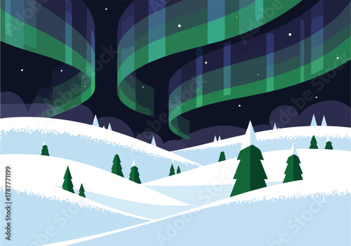 Aurora Northern lights sky night winter snow landscape Vector illustration