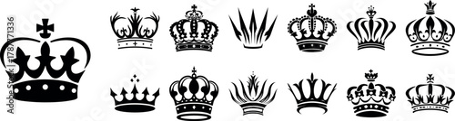 Crown icon set. Crown sign collection. Crown king or queen mega icon set. Royal crown symbol. Heraldic vector flat black silhouettes isolated on white background. Royal head accessories, hat emblem