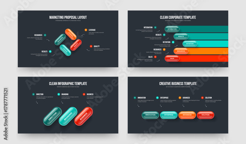 Service Introduction 4 5 3 Step Diagram Slide Layout Set. Advertising Report Four Five Three Element Infographic Frame Template Vector Illustration Collection.