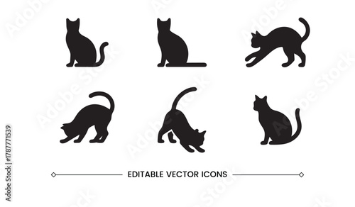 Black Cat Silhouettes in Various Poses Icon Set