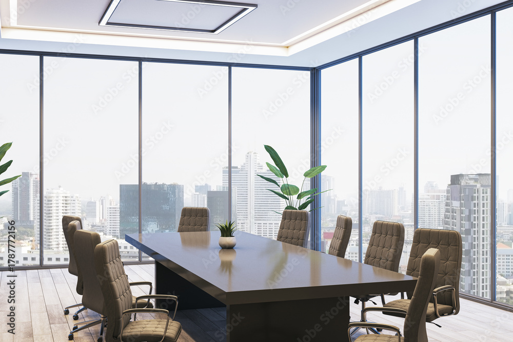 Fototapeta premium Modern corporate conference room with large windows and city skyline view in a high-rise office building interior with elegant furnishings. 3D Rendering