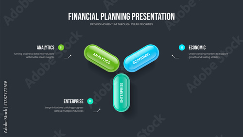Corporate Innovation Slide Design Vector Illustration. Project Development Three Element Infographic Presentation Layout. Consulting Portfolio 3 Step Diagram Frame Template.